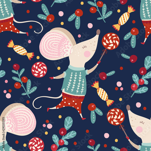 Seamless vector pattern with cute cartoon mouse in scandinavian style. Flat rat ornate illustration for New Year 2020.