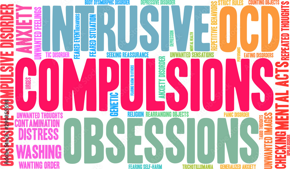 Compulsions with OCD Word Cloud on a white background. Compulsions with OCD Word Cloud on a white background.