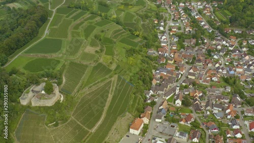 Aerial view of the city Hecklingen and castle Lichteneck  in germany on a sunny day in summer. Wide view with zoom out from the castle and town. photo