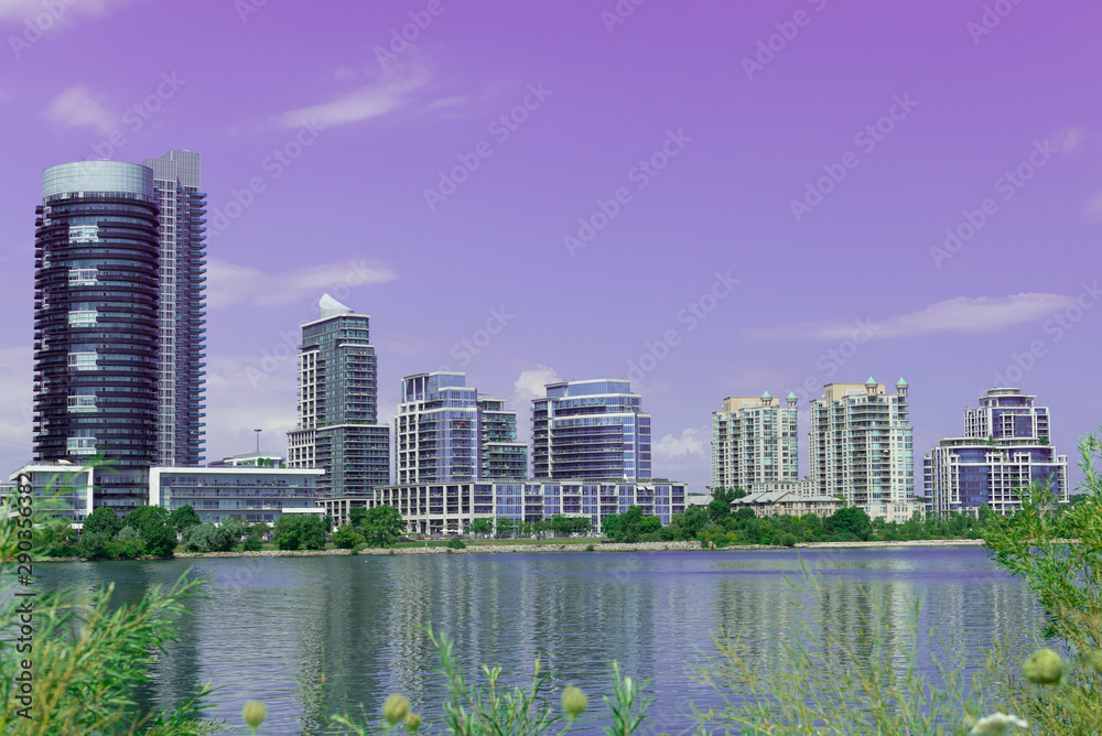Obraz premium Landmark view at modern buildings near the Humber Bay Park in Etobicoke, Ontario, Canada