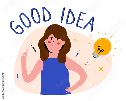 Idea Generation Concept. Smiling girl with light bulb. Young Woman had an idea. Flat vector illustration