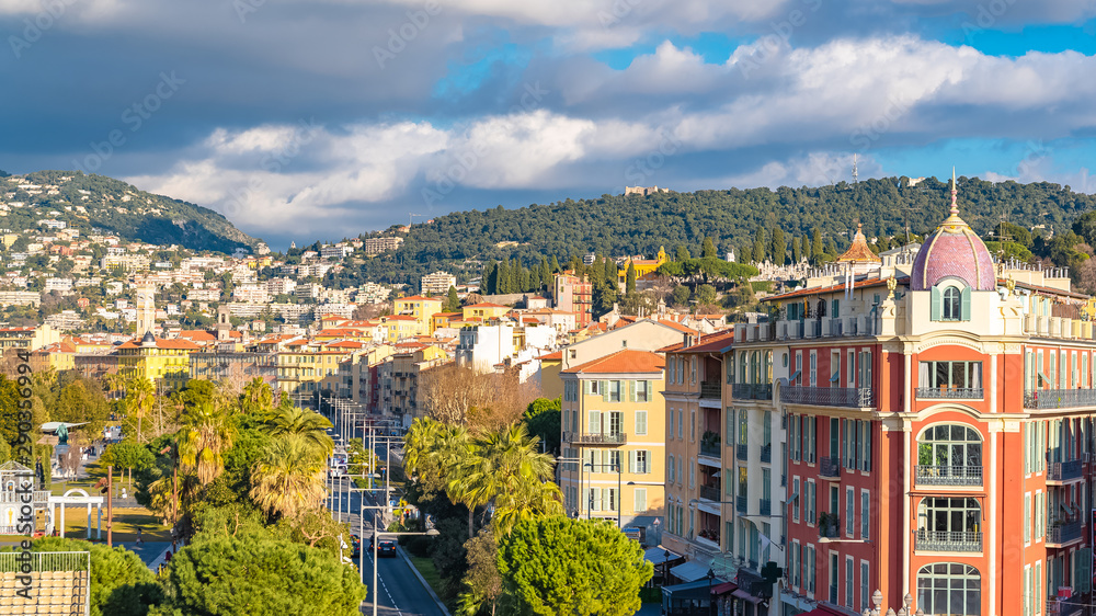 Fototapeta premium Nice, aerial view of the old town, on the French Riviera, with the mountains in background 
