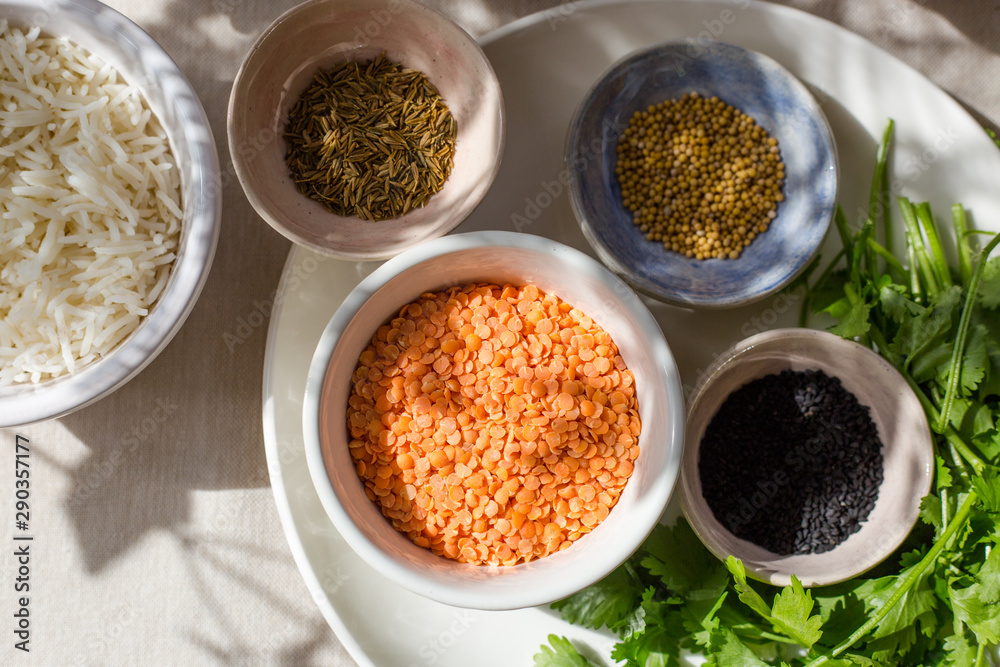 Ingredients for an Indian dish of Kitchri with smoked fish. Ingredients for an Indian dish of Kitchri with smoked fish.
