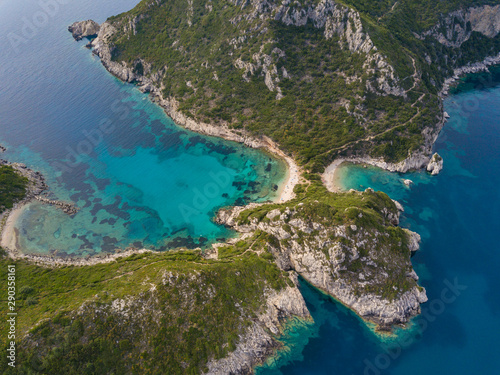 Aerial top photo of Porto Timoni is an amazing beautiful double beach in Corfu  Greece
