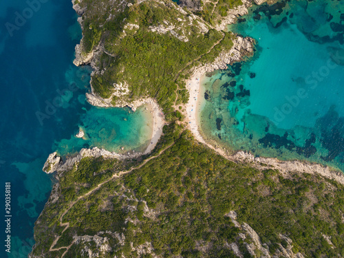Aerial top photo of Porto Timoni is an amazing beautiful double beach in Corfu, Greece © umike_foto