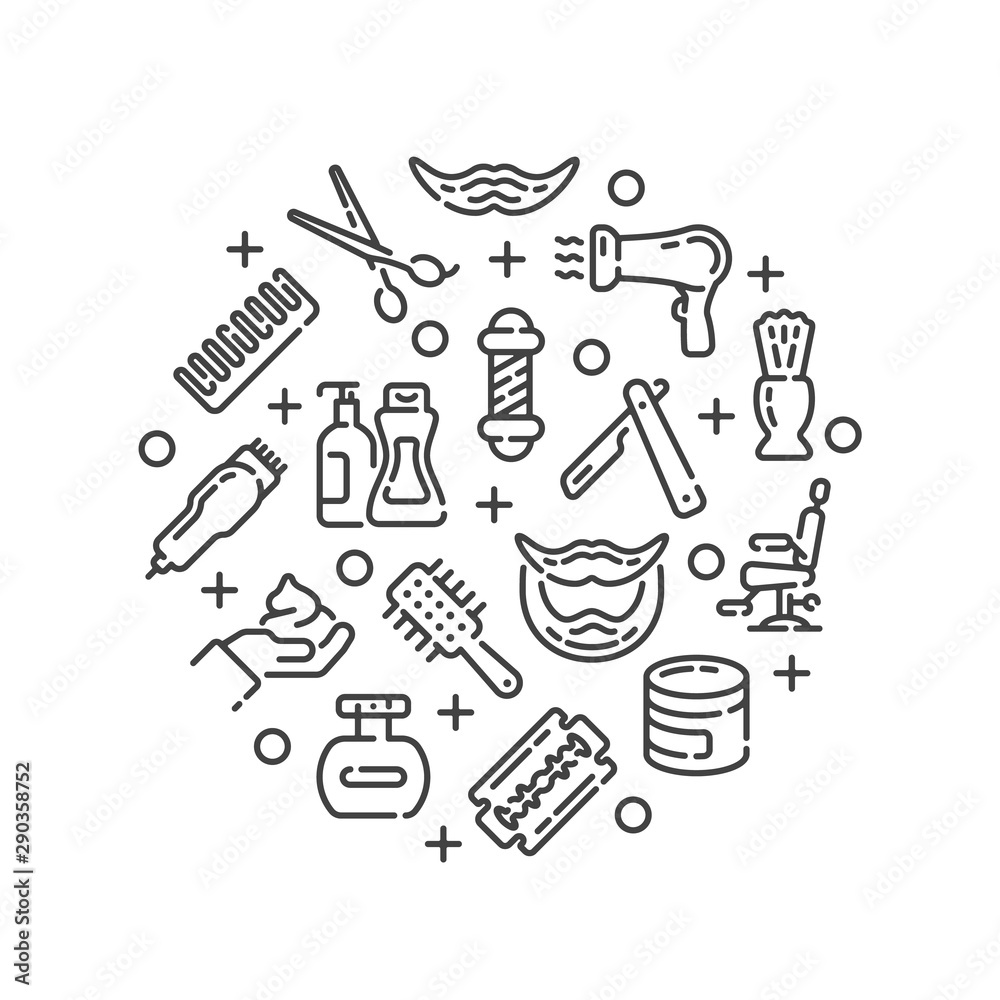 Obraz premium Line design with barbershop or hair salon elements isolated on white background. Vector illustration.
