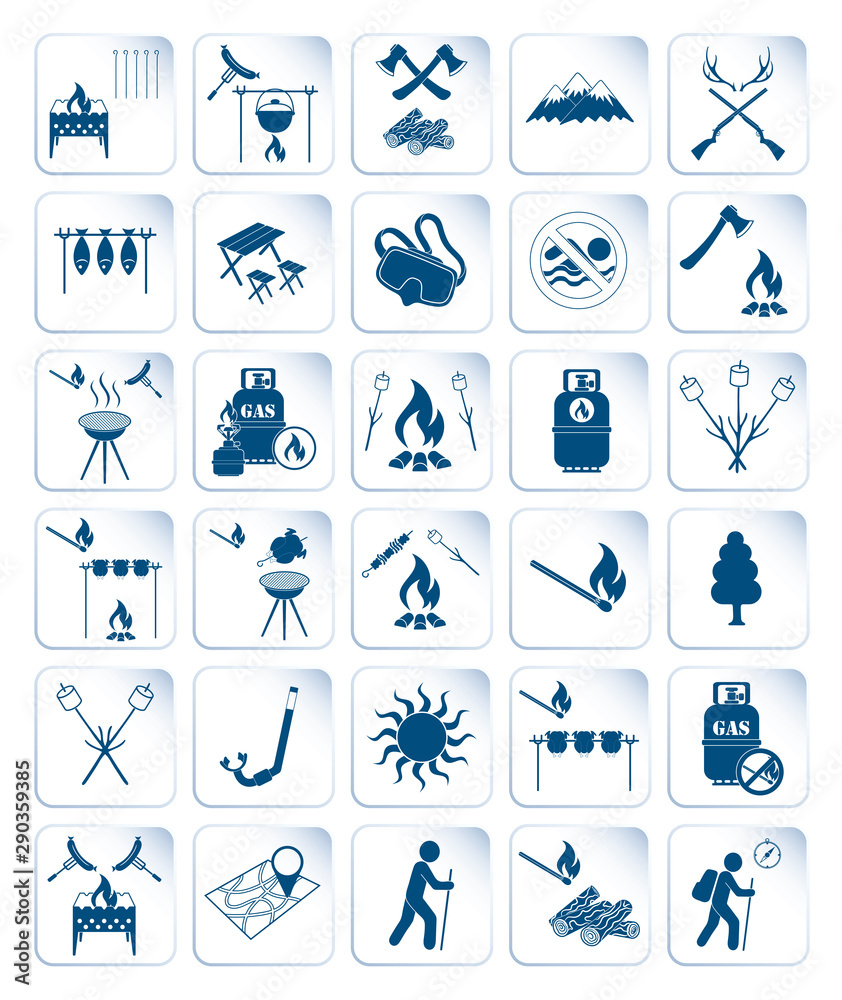 Set of travel and camping equipment icons Set of travel and camping equipment icons