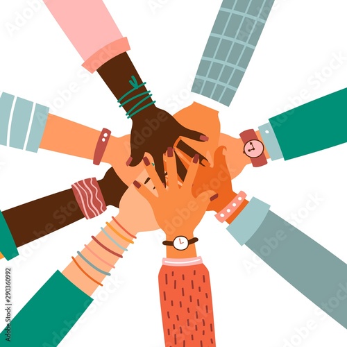 Hands together - set of different races raised up hands. The concept of education, business training, volunteering charity, party.