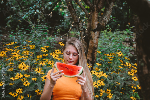 portrait of a girl with watermallon  photo