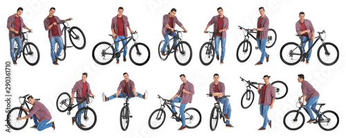 Collage of handsome young man with bicycle on white background