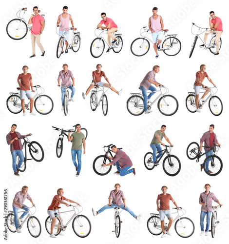 Collage of handsome young men with bicycles on white background