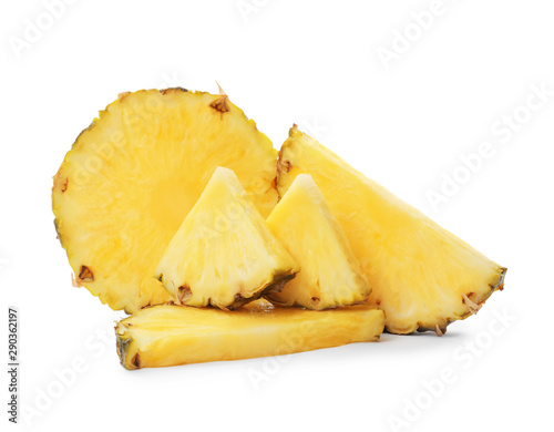 Slices of tasty juicy pineapple on white background