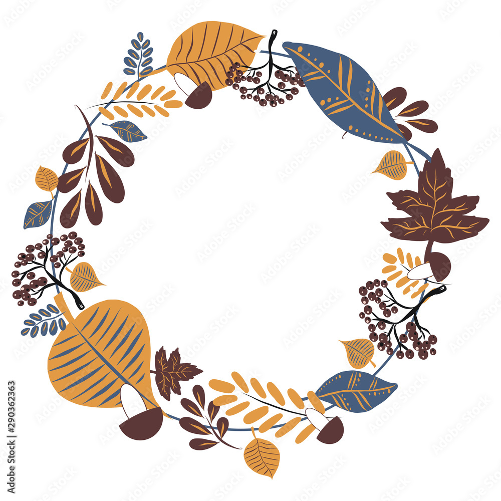 Obraz premium Vector wreath, hand-drawn autumn colorful leaves ..Autumn mood, harvest