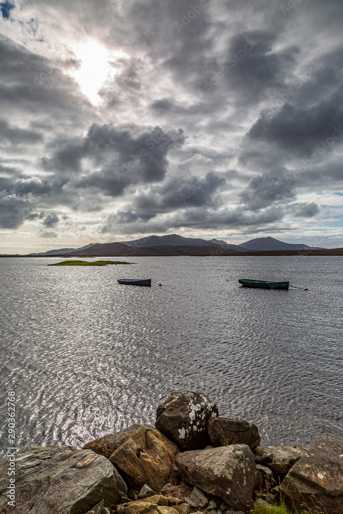 Looking out over Loch Bee on the Hebridean Island of South Uist, with dramatic clouds overhead