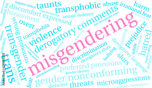 Misgendering Word Cloud on a white background. 
