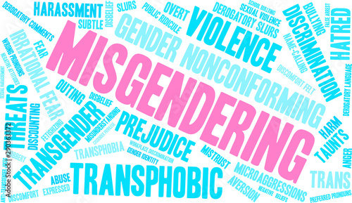 Misgendering Word Cloud on a white background. 
