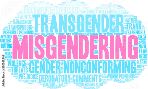 Misgendering Word Cloud on a white background. 