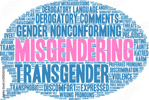 Misgendering Word Cloud on a white background. 