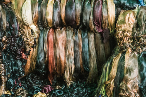 wigs in a street shop in phnom penh in cambodia
