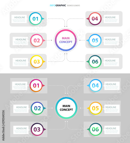 Set of abstract infographic template with a six steps for success. Business circle template with options for brochure, diagram, workflow, timeline, web design. Vector EPS 10