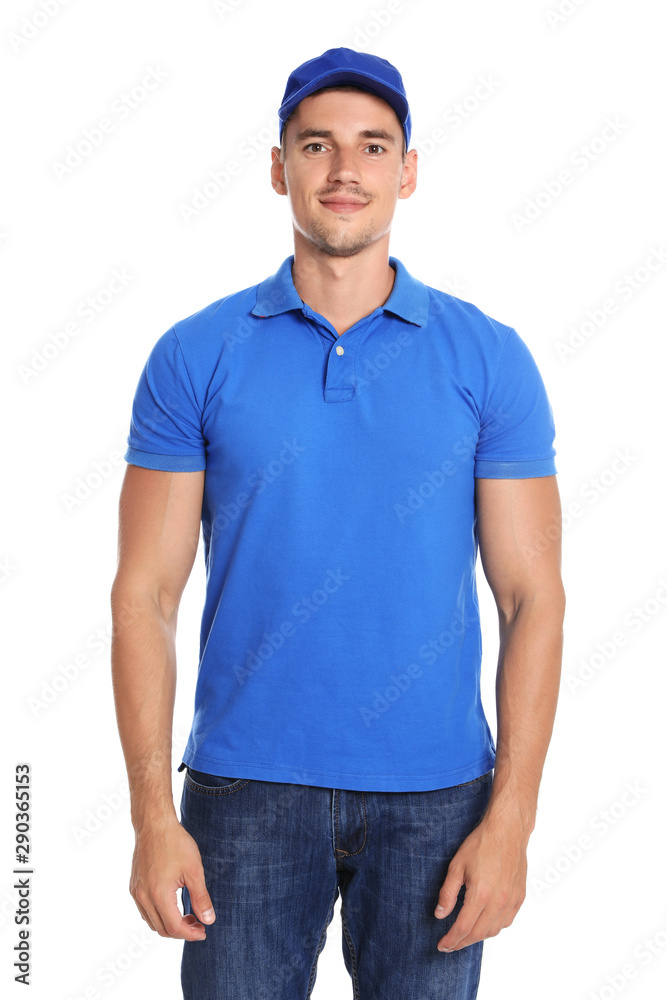 Fototapeta premium Portrait of happy young courier on white background