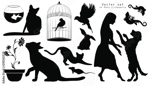 Vector set of pets isolated on white background.  Collection of Animals silhouettes for design use, cats, jumping dog, cage for birds,parrot, fish, lizards, rat, mouse, rabbit.