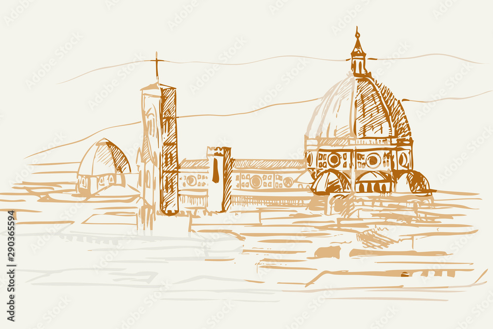 Obraz premium Rysynek ręcznie rysowany. Widok na renesasowe zabytki we Florencji we Włoszech