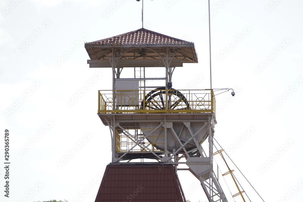 tower for extraction of salt from the ground. a mechanism that lifts weights as a counterweight. observation point from above, observation deck tower for extraction of salt from the ground. a mechanism that lifts weights as a counterweight. observation point from above, observation deck