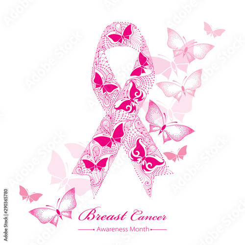 Lace pink ribbon isolated on the background with dotted butterflies. Breast Cancer Awareness Month symbol.