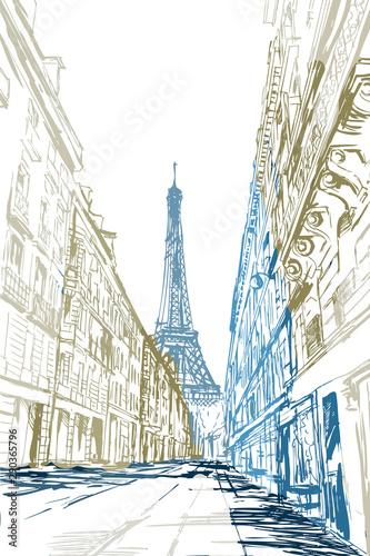 Rysynek ręcznie rysowany. Widok na modernistyczną ulicę w Paryży z widokiem na wieże Eiffla