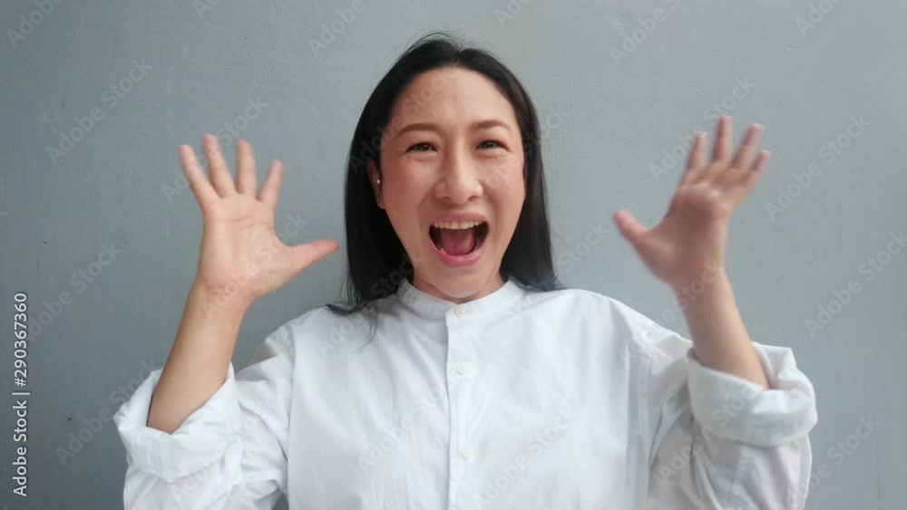 Business Asian woman feeling Wow and glad Overjoyed . Asian woman with Black hair showing joyful emotion such as be smile,love,wow,surprise,excellent,Happy Business Asian woman feeling Wow and glad Overjoyed . Asian woman with Black hair showing joyful emotion such as be smile,love,wow,surprise,excellent,Happy