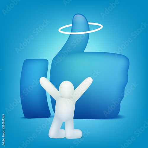 Social media slavery network internet addiction concept card with white praying stickman character.