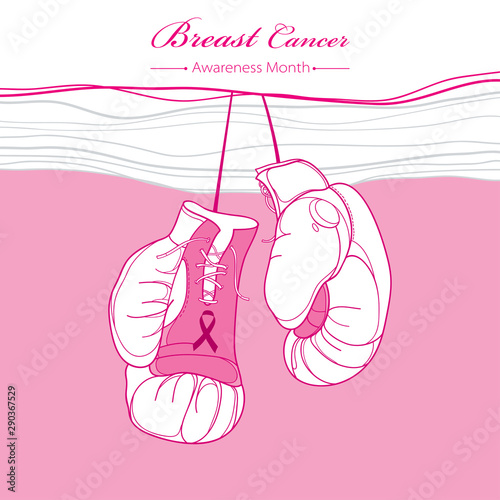 Boxing gloves and ribbon for international health woman campaign in October on the pink background.