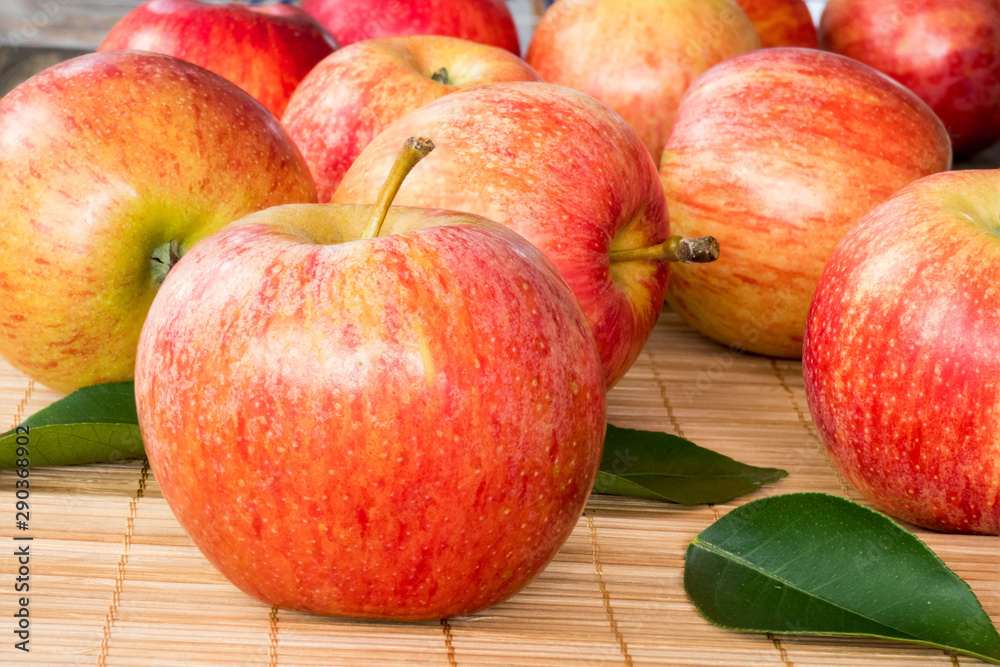 Red and pink apples with green leaves , close up Red and pink apples with green leaves , close up