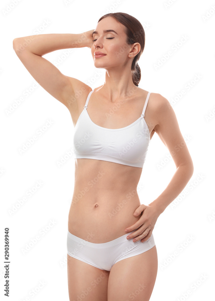 Beautiful woman in underwear on white background Beautiful woman in underwear on white background