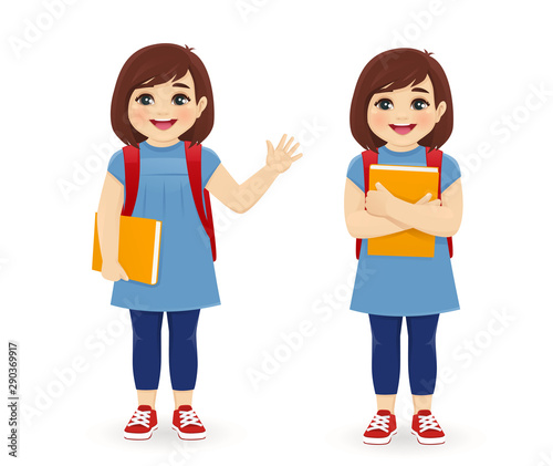 Smiling school girl with book and backpack waving hand isolated vector illustration
