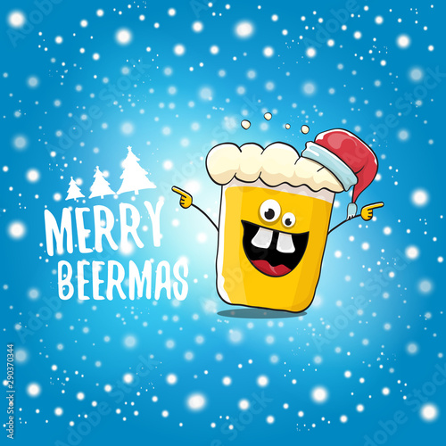 Merry beermas vector christmas greeting card with beer glass cartoon character and red santa hat isolated on blue sky background with snow. Vector funky christmas beer party poster design template