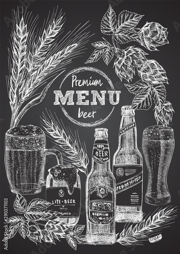 Set hand drawn sketch bottle and glasses beer, hop, wheat Vintage design bar, restaurant, cafe menu on black chalk board background. Creative template for flyer, banner, poster