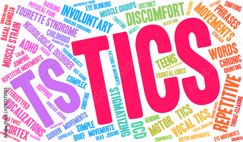 Tics with Tourette's Word Cloud on a white background. 