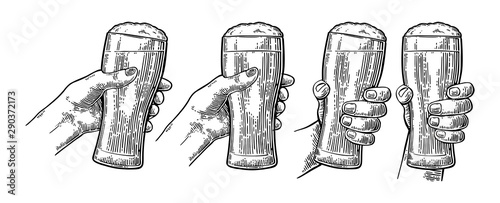 Man and woman hands holding, clinking with beer glass. Engraving