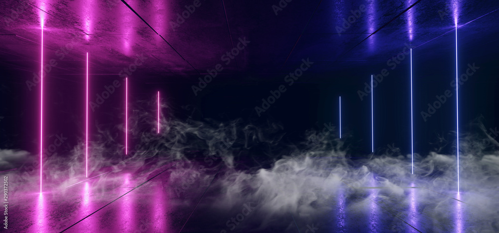 Smoke Sci Fi Neon Glowing Lights Blue Purple Laser Lines Cables Plugs Floor Lasers Studio Stage Show Night Retro Futuristic Modern Background Empty Concrete Grunge Virtual Dark 3D Rendering