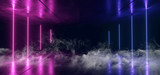 Smoke Sci Fi Neon Glowing Lights Blue Purple Laser Lines Cables Plugs Floor Lasers Studio Stage Show Night Retro Futuristic Modern Background Empty Concrete Grunge Virtual Dark 3D Rendering