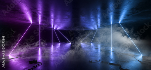 Smoke Sci Fi Neon Triangle Stage Glowing Lights Blue Purple Laser Lines Cables Plugs Floor Lasers Studio Stage Show Night Retro Futuristic Modern Background Concrete Grunge Virtual Dark 3D Rendering