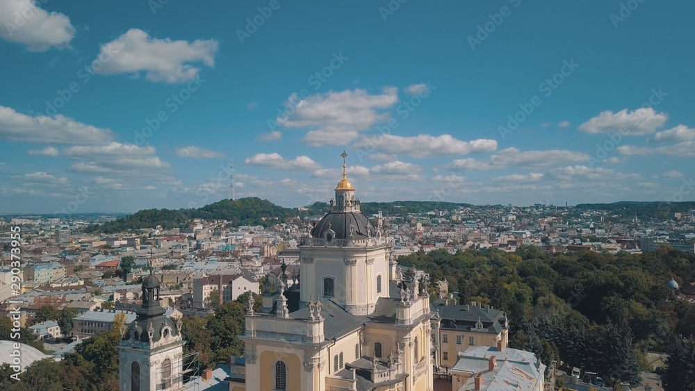 Aerial view of St. Jura St. George's Cathedral church in town Lviv, Ukraine