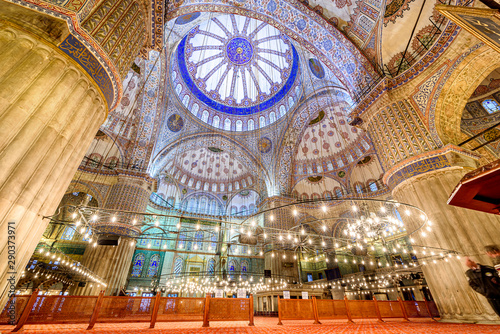 The mosque is known as the Blue Mosque because of blue tiles surrounding the walls of interior design  Istanbul  Turkey.