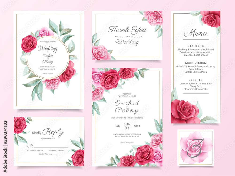 Floral wedding invitation card template suite with red and purple roses and leaves. Botanical card background bundle