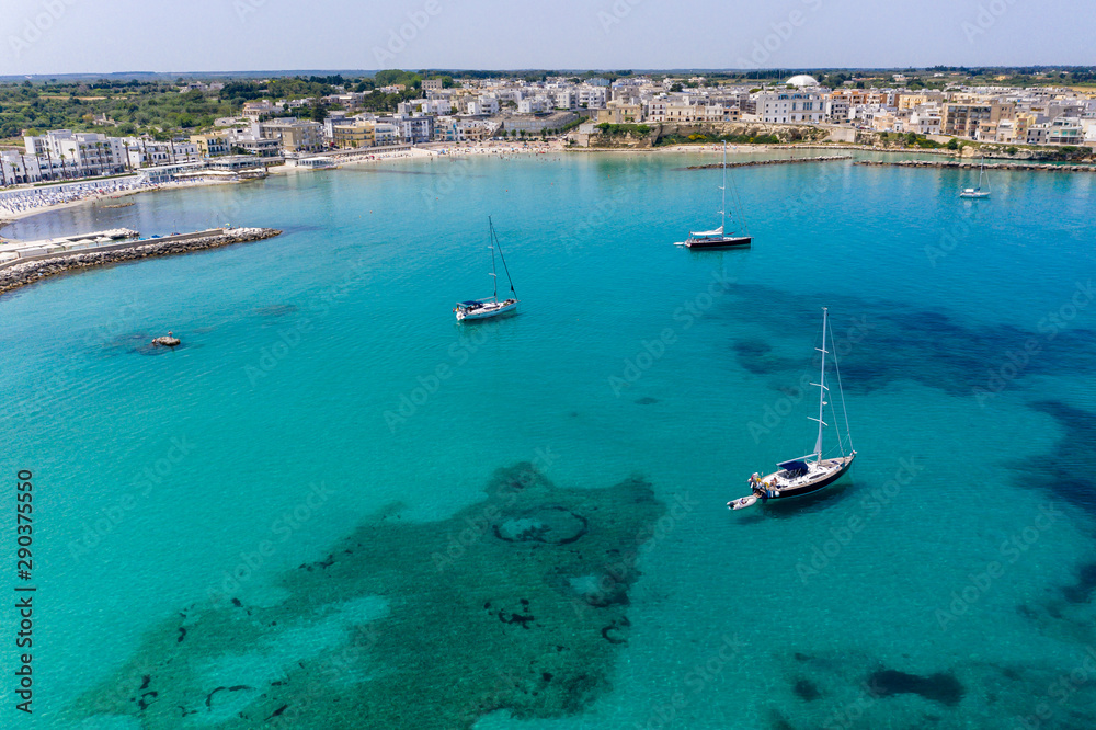 Aerial view of Otranto with Harbour and Castle, Lecce province, Salento peninsula, Puglia, Italy