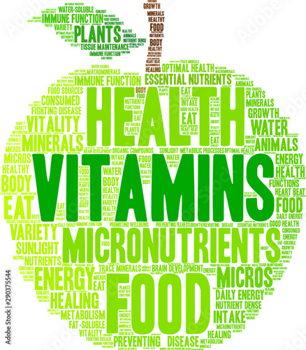 Vitamins Word Cloud on a white background. 