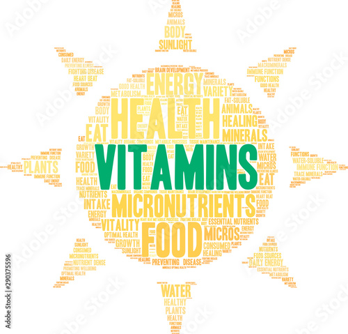 Vitamins Word Cloud on a white background. 