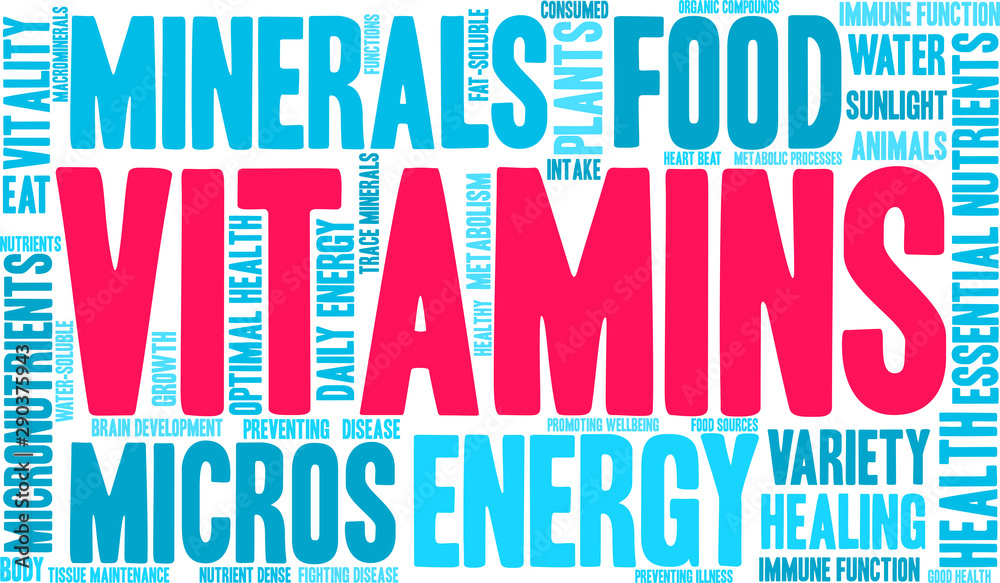 Vitamins Word Cloud on a white background. 